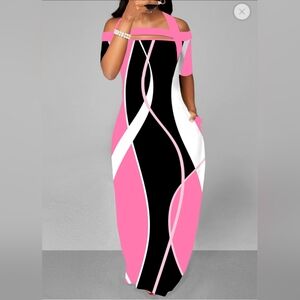 Elegant Pink and Black Off-Shoulder Dress